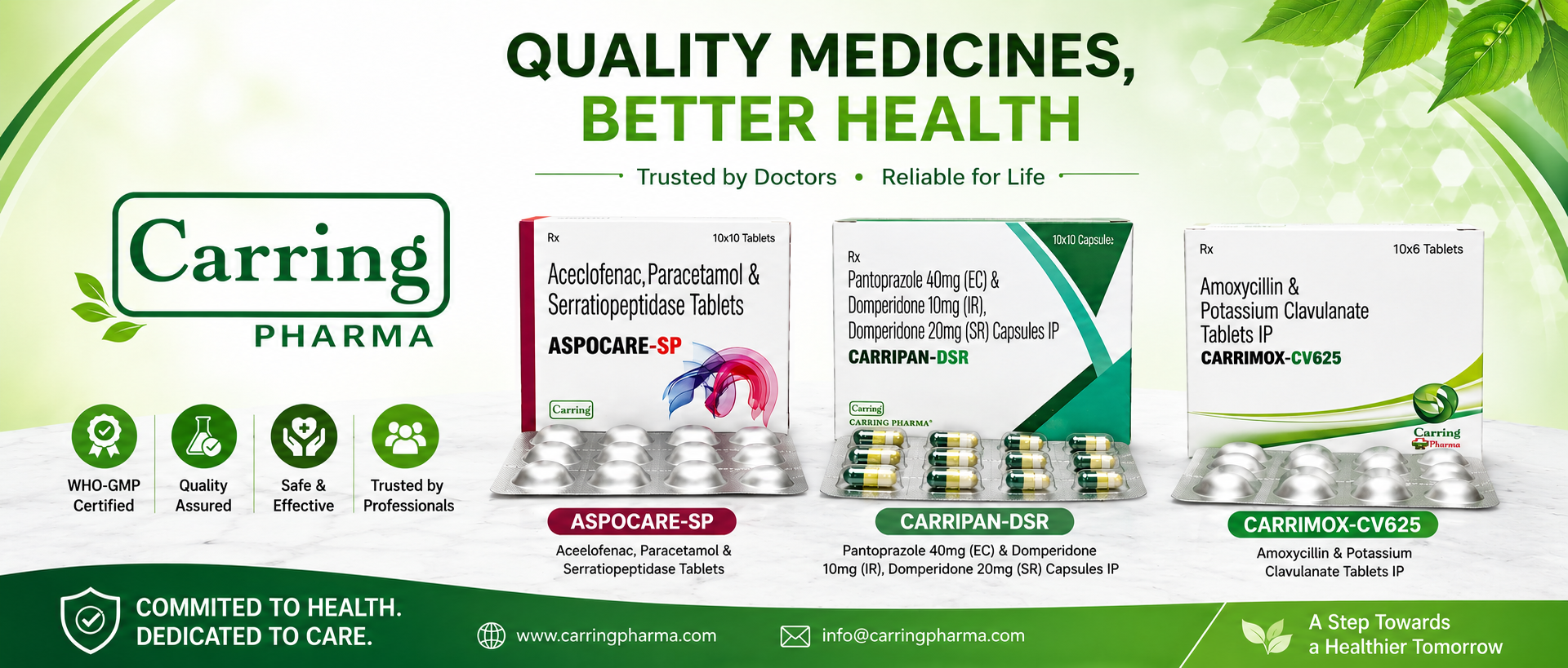 Aspocare-SP Pain Relief Tablets, Carripan DSR Gastric Capsules, Carrimox CV625 Antibiotic by Carring Pharma